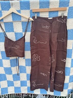 Paloma Wool Brown Printed Wide-Leg Pants & Crop Top Set